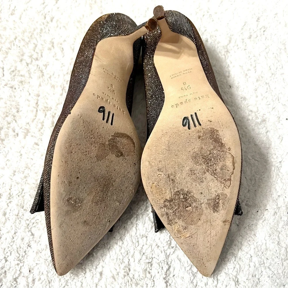 Kate Spade Juliette Italy Bow Pointed Toe Dress Pumps Sparking Bronze Bridal 9.5